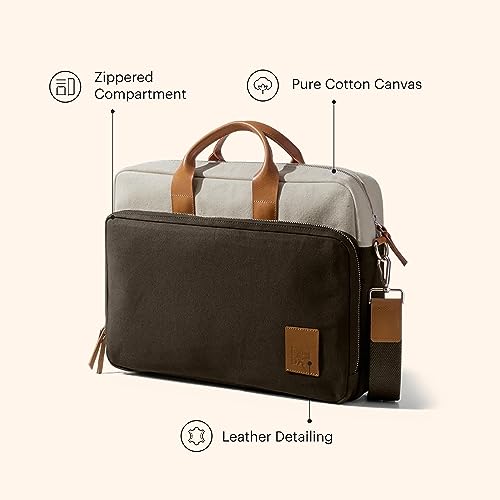 Image of DailyObjects 100% Cotton Canvas Commute Laptop Messenger Bag for Men & Women | Travel Shoulder Handbag With Trolley Sleeve | Metal Zip Closure | Leather Handles | Padded Laptop Compartment For 14 inch
