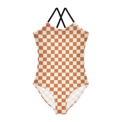 Image of Black and White Chess Girls One Piece Swimsuits Board Marble Tile Sport Halter Swimwear Beach Bathing Suit 3T