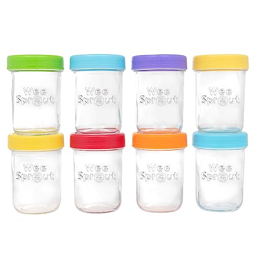 WeeSprout Glass Baby Food Storage Jars w/Lids (8 oz, 8 Pack Set) Snack, Puree, Reusable Small Containers, Breast Milk, Fridge or Freezer, Microwave & Dishwasher Safe, Essential Must Have for Infants