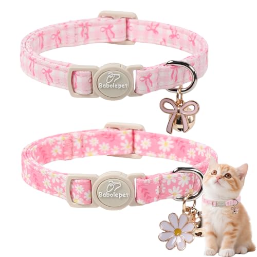 Babole Pet 2 Pack Pink Cat Collars - Cute Bow & Daisy Breakaway Cat Collar with Bell & Matching Pendant, Soft Adjustable Spring Summer Girly Kitten Collars for Girl Cats