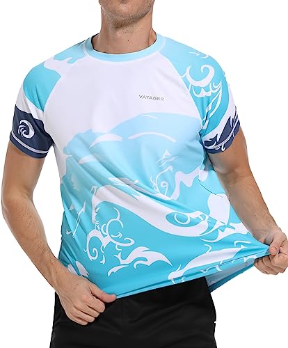 VAYAGER Men\'s Swim Shirts Rash Guard UPF 50+ T Shirts Quick Dry Loose Fit Water Surfing Shirt(Blue Waves XL)