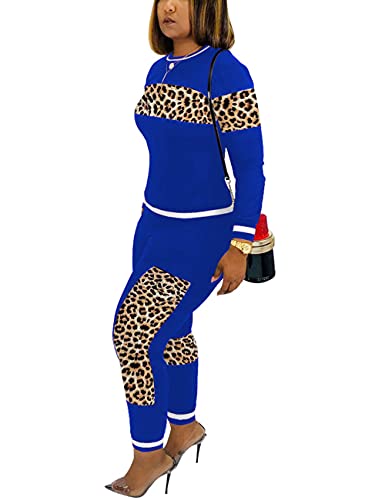 Women's Leopard 2 Piece Outfits Long Sleeve Round Neck Pullover Shirt Top And Long Pants Tracksuit Set Blue Xxxl #TOP1
