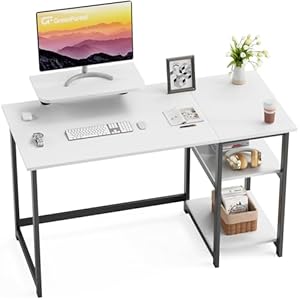GreenForest Computer Home Office Schreibtisch mit reversiblen Speicherregalen 100cm Kleiner mit justierbaren Regalen für kleine Räume,Schlafzimmer,Student, moderner PC Laptop Tisch,weiß