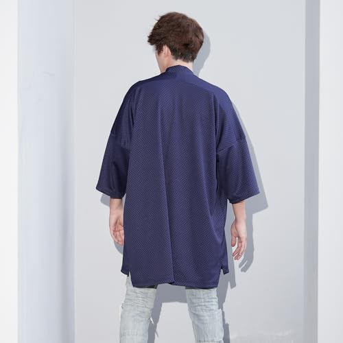 Men\'s Long Oversized Kimono Cardigan Noragi Street Jacket Haori Man Yukata Coat (Navy) - Thumbnail 5