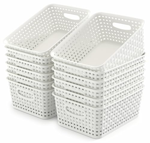 WYT 12-Pack Plastic Small Shelf Storage Weave Baskets for Organizing White