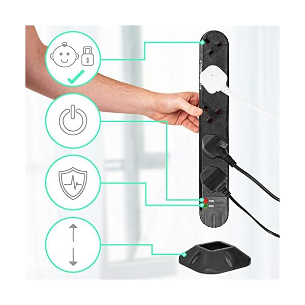 Duronic 10 Way Extension Tower ST10 | 10-Gang Power Strip Lead | Surge & Spike Protector | For UK Plug Sockets | Electric Multi Plug Adapter | Max 3000W Capacity | 1.8 Metre/180cm Power Cable - Image 6