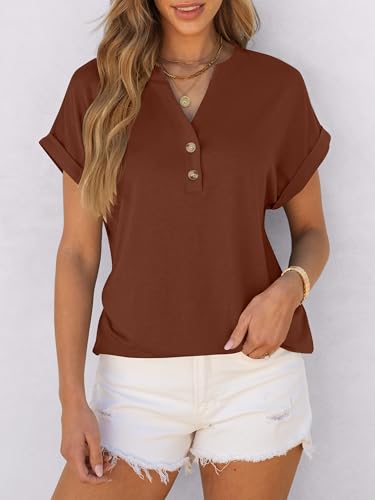 Image of ANRABESS Womens Short Sleeve Henley Tops V Neck Dressy Casual Blouses Summer Trendy Tee Shirts 2026 Vacation Fashion Clothes
