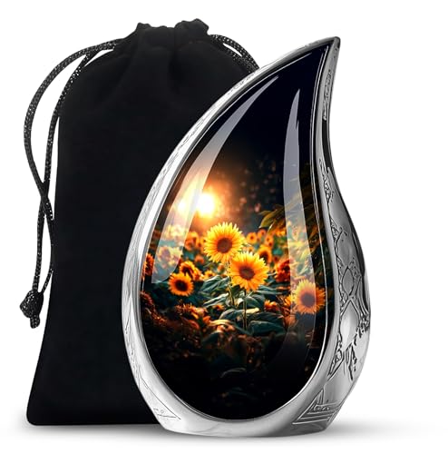 Image of Teardrop Sunflower Urns for Human Ashes Adult Female - Burial Urns for Ashes for Women - Yellow Sunflower Urn for Human Adult Male and Female - Large Decorative Urn for Mom and Dad 10inch