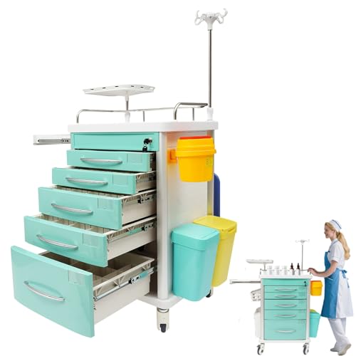 Medical Rolling Crash Cart, Medical Trolley 5 Drawers and Power Strip, Mobile Medical Cart for Clinic, Hospital, Nursing Center, Lockable Storage, Safety Retention Straps, Tag Slots (Green)