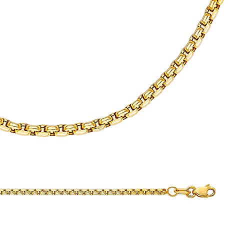 Box Chain Solid 14k Yellow Gold Necklace Round Link Diamond Cut Hollow Polished Light, 1.8 mm - 16, 18, 20, 22, 24 inch