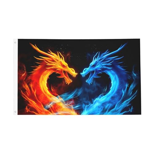 Blue Red Dragon Flag 3x5 Feet Double Sided Outside Large Banner, Double Stitched Fire Hanging Outdoor Flags for Holiday Party Supplies, Indoor Decoration Gift