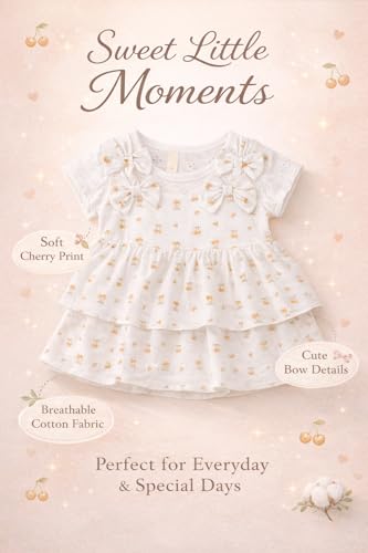 Image of Bold N Elegant Baby Girl Cotton Summer Dress Frock with Cherry Print n Bow | Short Sleeve Casual Outfit for Infant Toddler Girls