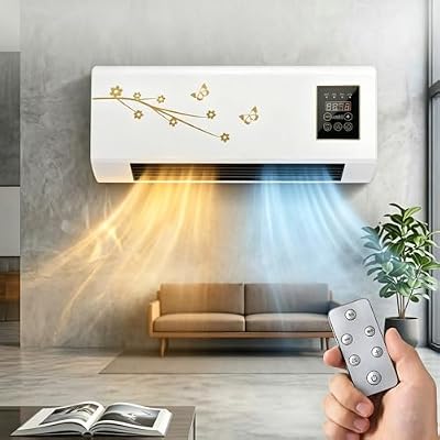 2 in 1 Wall Mounted Heating System, 1800W Portable Cooling and Heating Air Conditioner Fan, Quiet Ductless Smart AC Heater Combo Unit with Remote, No Window for Living Room Office(Yellow)