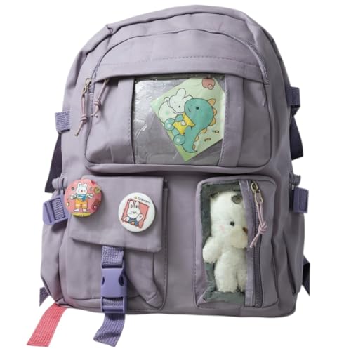 Mochila escolar Infantil e juvenil, Bolso Frontal, Alças Acolchoadas, grande capacidade, ursinho e broches, ideal para crianças de 6 a 13 anos (LÍLAS)