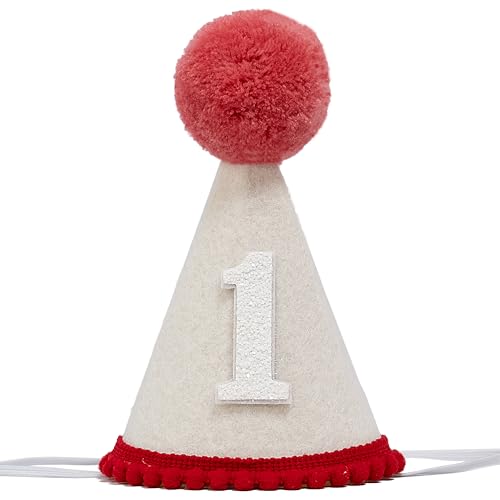 OUR FANDA First Birthday Party Hat, White Felt with Red Pom Pom, Glitter Number 1, Special Occasion Celebration Accessory by OUR FANDA - Used condition - US$8.74