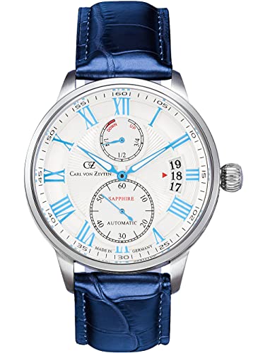Carl von Zeyten Münstertal Automatik Herren Armbanduhr aus Edelstahl und Leder in der Farbe Silber-Blau 45mm, Wasserdichtigkeit: 10Bar, CVZ0082WHS