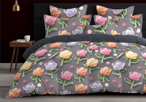 Image of DECOR2ADMIRE 300 TC Premium 7D Print Super King Size Cotton Bedsheet Set with 2 Pillow Covers | Ultra Soft 108 inch x 108 inch | Elegant Floral Designs (Pastel Bloom Grey)