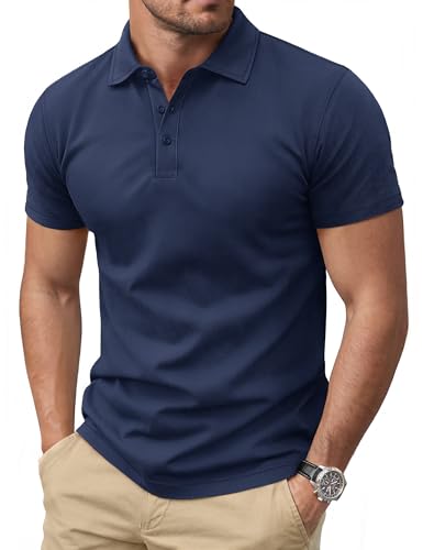 Cotrasen Men'S Polo Shirts Short Sleeve Cotton Pique T-Shirts 3 Buttons Classic Fit Casual Soft Stretch Performance Golf Shirts Navy Xl