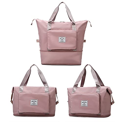 Large Capacity Foldable Travel Duffel, Waterproof Sports Duffel Bag with Wet Compartment, Weekender Bag with Expandable Space, Oxford Cloth Travel Bag Gym Bag (Cherry Pink)