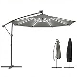 Outsunny 3 m Garden Cantilever Parasol with LED Solar Light, Round Overhanging Umbrella with 6-Position 360° Rotation, Crank Handle, Tilt, Cover, Banana Patio Umbrella for Outdoor Sun Shade, Grey