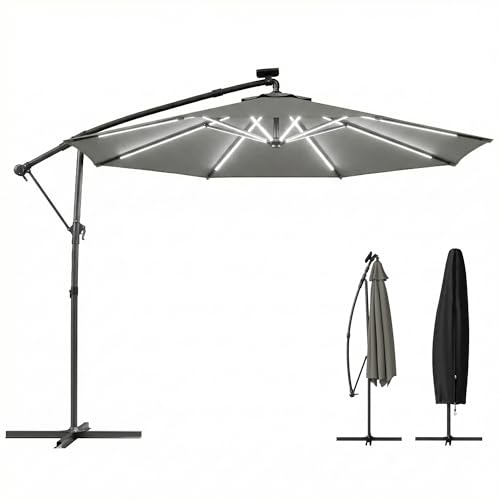 Outsunny 3 m Garden Cantilever Parasol with LED Solar Light, Round Overhanging Umbrella with 6-Position 360° Rotation, Crank Handle, Tilt, Cover, Banana Patio Umbrella for Outdoor Sun Shade, Grey