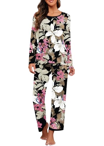 PrinStory 2025 Women's Pajama Set Long Sleeve Sleepwear Ladies Soft Pjs Lounge Set FP-Big Leaf Pink-M