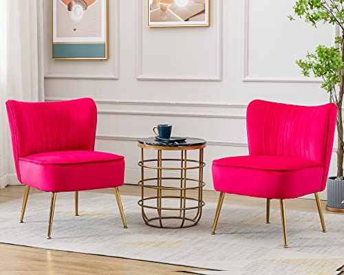 Janoray Velvet Accent Chair Set of 2 Comfy Living Room Chair Armless Slipper Chair Mid Century Side Single Sofa Chair with Golden Legs Wingback for Bedroom Guest Room Hot Pink