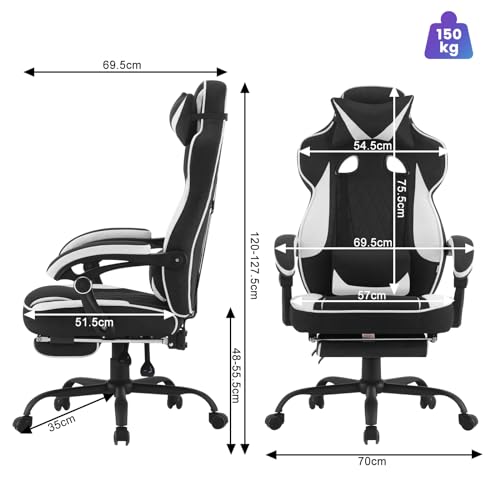 Sedia Gaming Ergonomica | Tessuto Traspirante Fresco D'estate | Schienale Regolabile Poggiapiedi | per Gaming Ufficio Relax | Sedile ampio e comodo per Persone di Taglia Grande | Nero+Bianco - Sedia gaming - Immagine 2