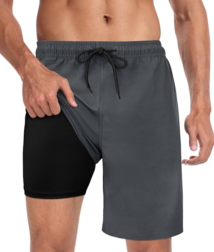 Image of Mens Swim Trunks with Compression Liner 2 in 1 Quick Dry Swimming Shorts Swimwear Bathing Suits with Pockets, 9 inch-Grey,XXL