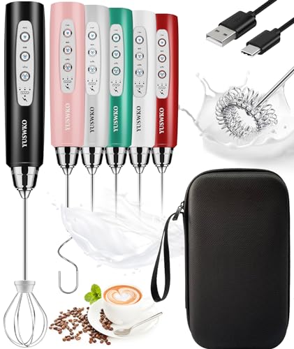 Image of YUSWKO Rechargeable Milk Frother Handheld Frother Wand Drink Mixer for Coffee, Electric Whisk 3 Speed Adjustable, Coffee Foamer Maker with 3 Stainless Whisks Ideal Stirrers for Travel - Black