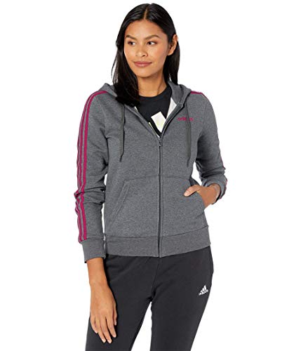 adidas Women's Essentials Long Sleeve Fleece 3-Stripes Full-Zip Hoodie, Dark Grey/Power Berry, L
