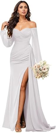 Everlong Long Sleeve Bridesmaid Dresses for Women Satin Off The Shoulder Formal Evening Dresses with Slit EL009