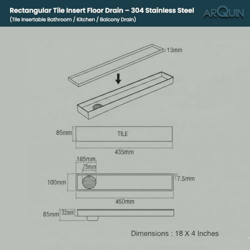 Image of ARQUIN Tile Insert Shower Drain Channel 18x4 Inch Bathroom Tile Insert Drain 304 Grade Stainless Steel Waste Water Marble Floor Drain Channel with Cockroach Trap (1mm Thickness)