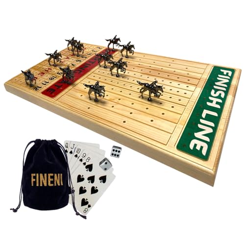 FINENI Horse Racing Board Game with Luxurious Durable Metal Horses, 11 Pieces, Black, Real Pine Wood Horseracing Game Board, Dice and Cards