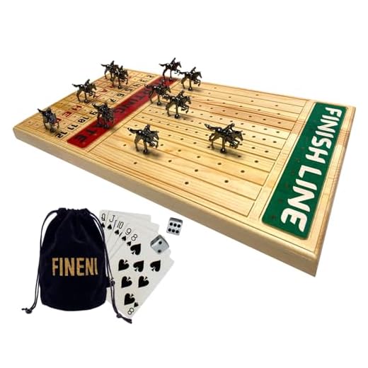 FINENI Horse Racing Board Game with Luxurious Durable Metal Horses, 11 Pieces, Black Metal Horses, Real Pine Wood Horseracing Game Board, Dice and Cards