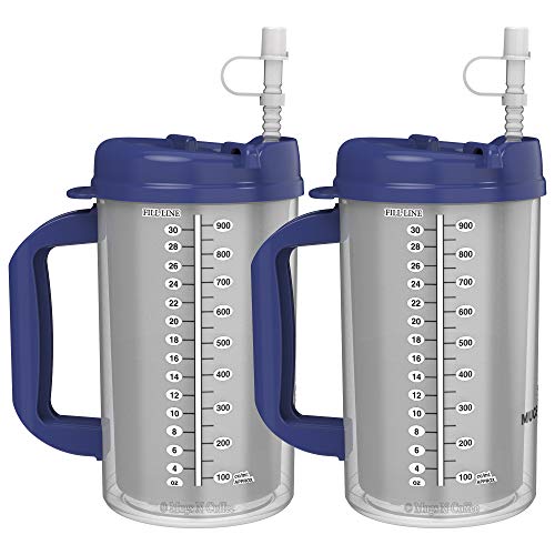 (2) 32 oz Hospital Mugs with Blue Lids - Insulated Cold Drink Travel Mugs (2) 32 oz Hospital Mugs with Blue Lids - Insulated Cold Drink Travel Mugs