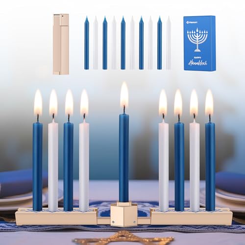 Meonum Folding Travel Chanukah Menorah with Candle Set, Foldable Hanukkah Menorah with 10 Blue and White Candles, Satin Gold, Fits Standard 0.3 in Hanukkah Candles, for All 8 Nights of Chanukah