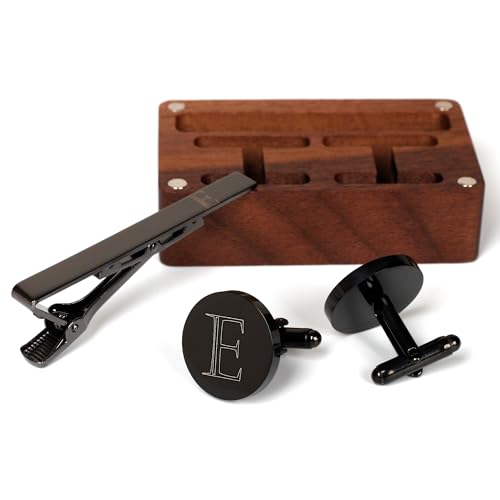 Image of Mens Initial Cufflinks and Tie Clip A-Z Alphabet Letter Black Stainless Cuff Links Tie Bar with Engraved Walnut Wood Box Groom Groomsman Wedding Set