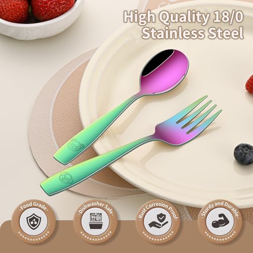 Image of DEHOV Rainbow Toddler Eating Utensils Set,Set Of 12 Food Grade Stainless Steel Silverware Sets For Kids,Dishwasher Safe Children Small Metal Spoons And Forks Flatware Sets