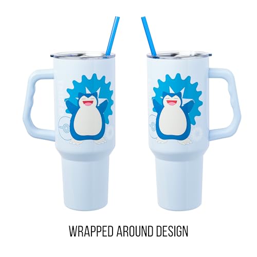 Image of Silver Buffalo Pokemon Double Walled Stainless Steel Tumbler with Handle Featuring Snorlax, Fits in Standard Cup Holder, 40 Ounces