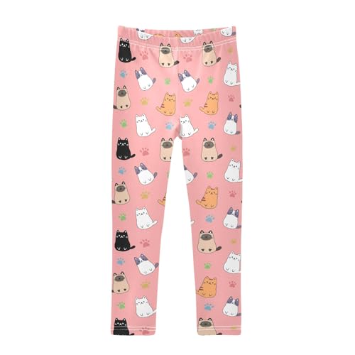 Cute Cartoon Simple Cats Pink Girls Leggings Soft Comfortable Athletic Leggings Dancing Pants for 4-10 Years