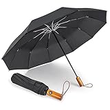 Lejorain Windproof Travel Folding Umbrella - 10 Ribs Automatic Collapsible Wind Resistant Black Umbr