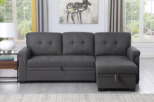 Siutcoï¼ŒLucca 84\" Dark Gray Linen Reversible Sleeper Sectional Sofa with Storage Chaise