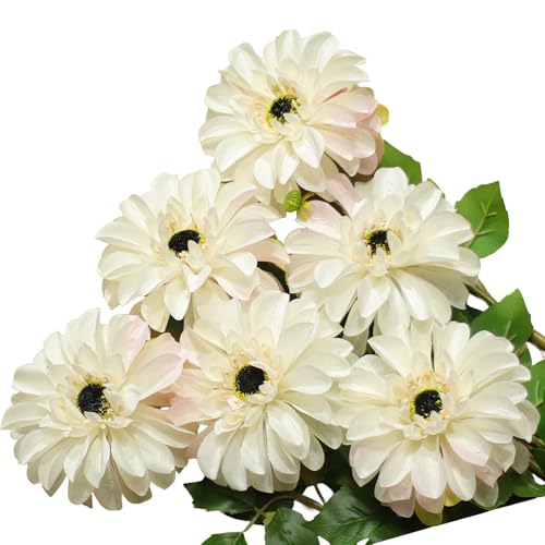 EUEUZLT Artificial Chrysanthemums, Daisy Silk Flowers 6 Stems, Aster & Zinnia-Like Large Blooms in Gradient Colors, 24.8" Long Faux Marguerite for Indoor Outdoor Home Decor (White/Pink Trace)