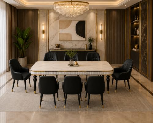 Image of 8 Seater Dining Table Set with Nano Composite Marble Top, Solid Wood Base & 8 Upholstered Chairs, Modern Dining Table Set for Home & Dining Room Furniture