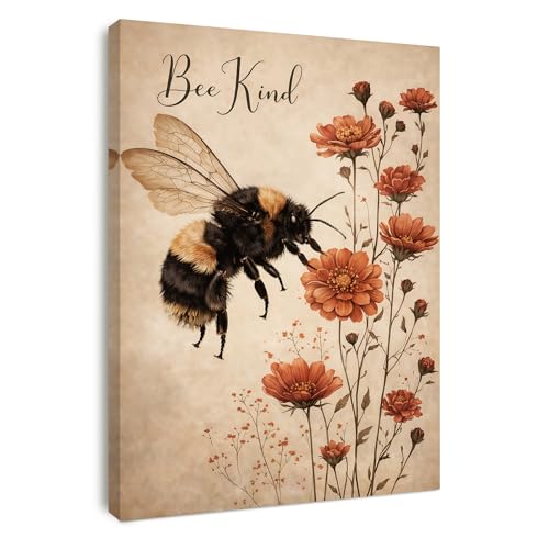 Alptiny Sei nett Wandbild mit Rahmen 30x40 cm, Leinwandbild mit Biene und Blumen für Wohnzimmer, Wanddekoration, Mit Aufhängehaken und Nägeln für einfache Montage