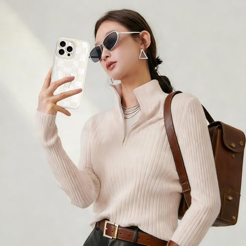 LEOMAKRON Designed for iPhone 16 Pro Max White Grids Plaid Checkered Pattern Case [Compatible with Magsafe] with Finger Strap Kickstand Shockproof Anti Drop Camera Protective for Girls Women by LEOMAKRON - Used condition - Image 6