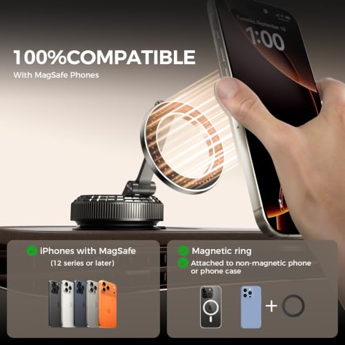 Image of Metal Magnetic Car Phone Holder, 360 Adjustable Magsafe Car Phone Mount, Vacuum Suction Cup Phone Holders for Your Car for iPhone 17-12 Pro Max Air Plus & Android (Dark Gray)