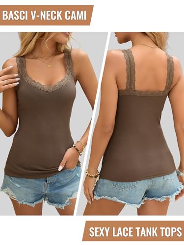 Image of Lace Camisole Tank Tops for Women V Neck Wide Strap Soft Ribbed Lace Trim Cami