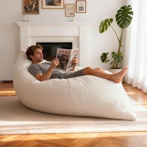 NALONE Pouf Salon XXXL, 4-en-1 Pouffe Géant Housse Lavable Canapé Rempli de Mousse Mémoire, 195 cm Fauteuil Pouf Housse en Flanelle Doudou Idéal pour Salon, Chambre (Blanc)